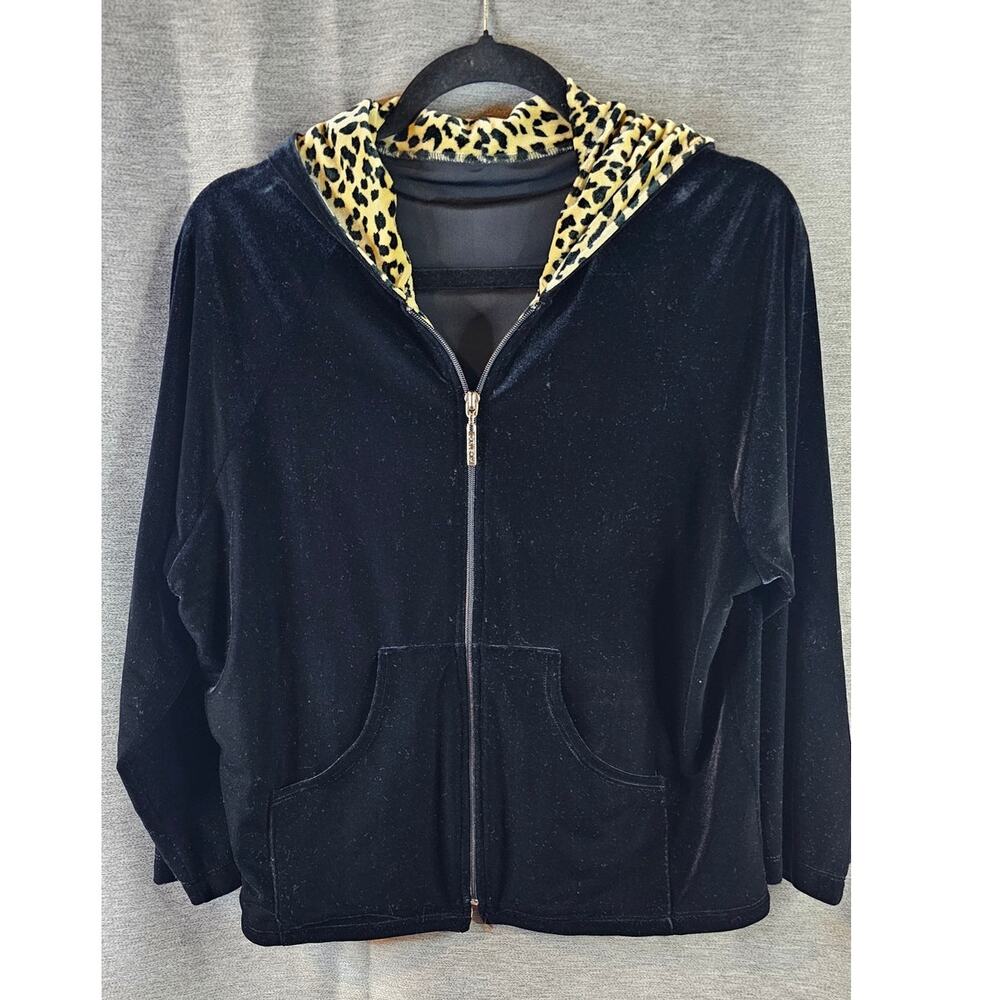 Vtg 90s Carushka Black Velvet Leopard Womens Sz M Zippered Hooded Pockets USA